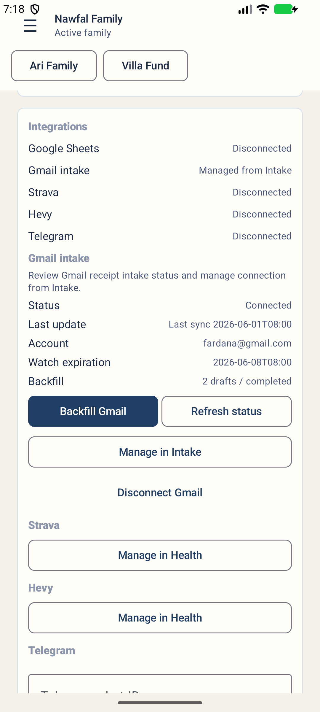 Family Finance V3 family and integrations settings