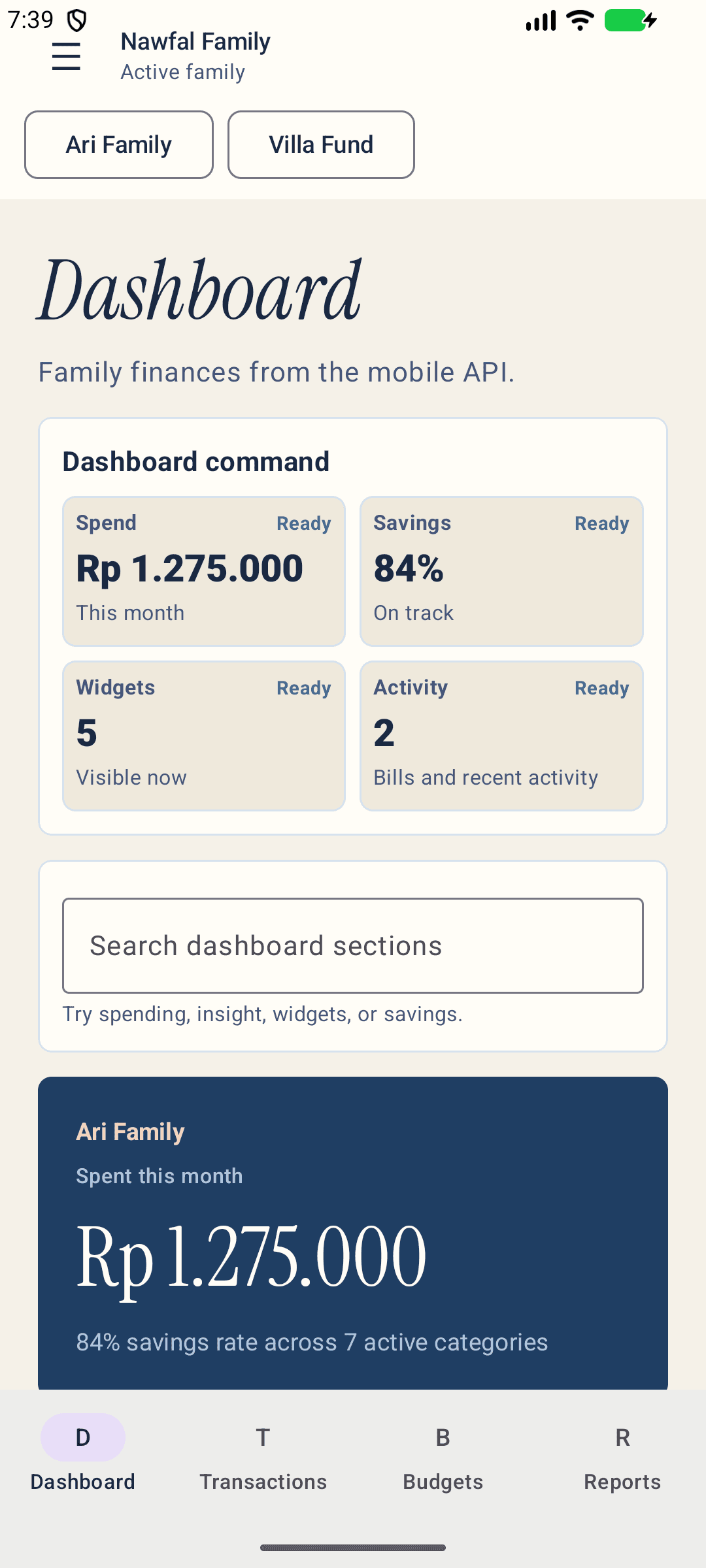 Family Finance V3 native dashboard on Android